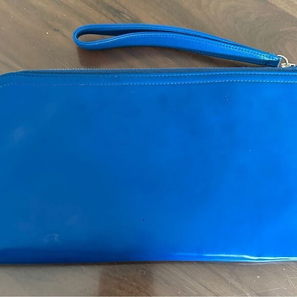 AUTHENTIC Chanel dark blue, lipstick, wristlet patent leather clutch with strap. - Picture 2 of 9